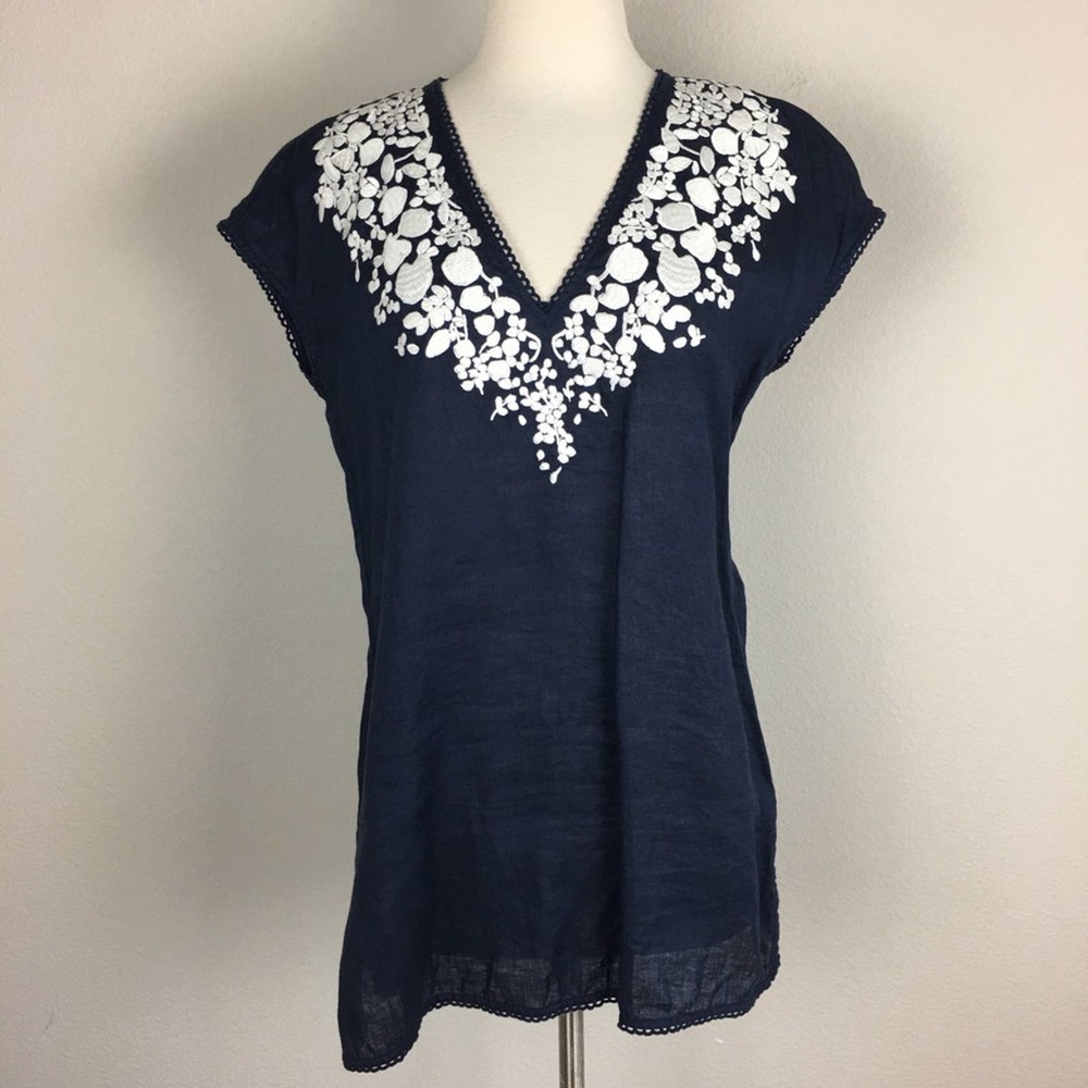 Tory Burch Navy Linen White Embroidered Tunic Sm